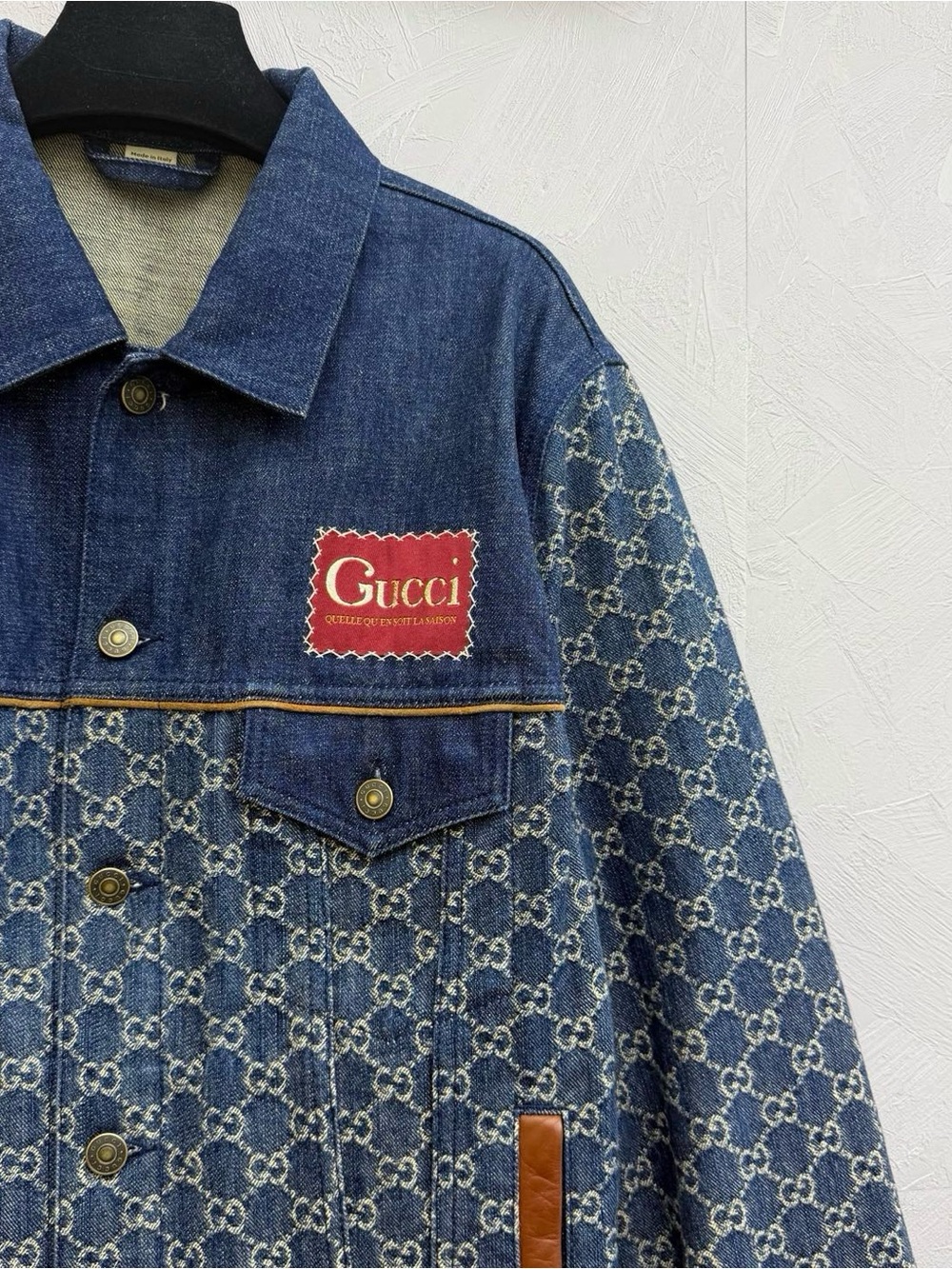 Gucci Blue GG Monogram Denim Jacket with Brown Leather Trim - Picture 3 of 7